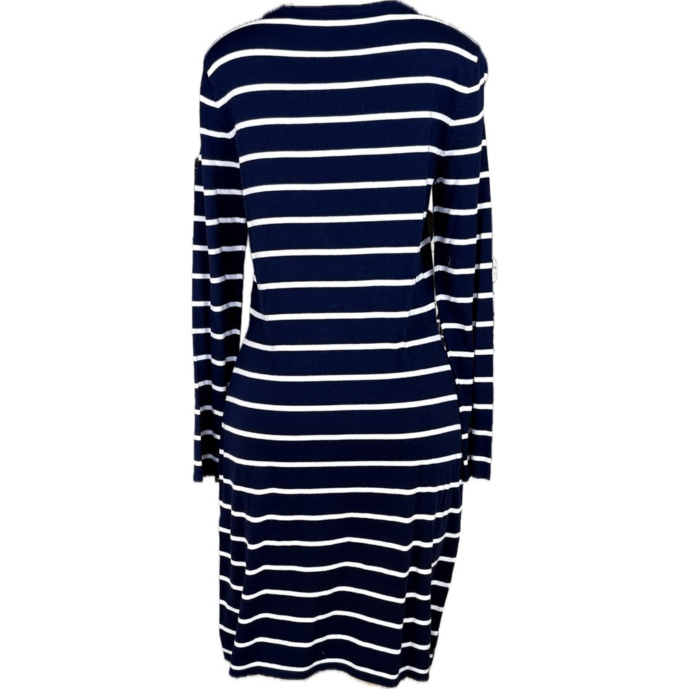 Sail to Sable M Navy White Striped Knit Dress Gold Shoulder Buttons Long Sleeve - Picture 4 of 6
